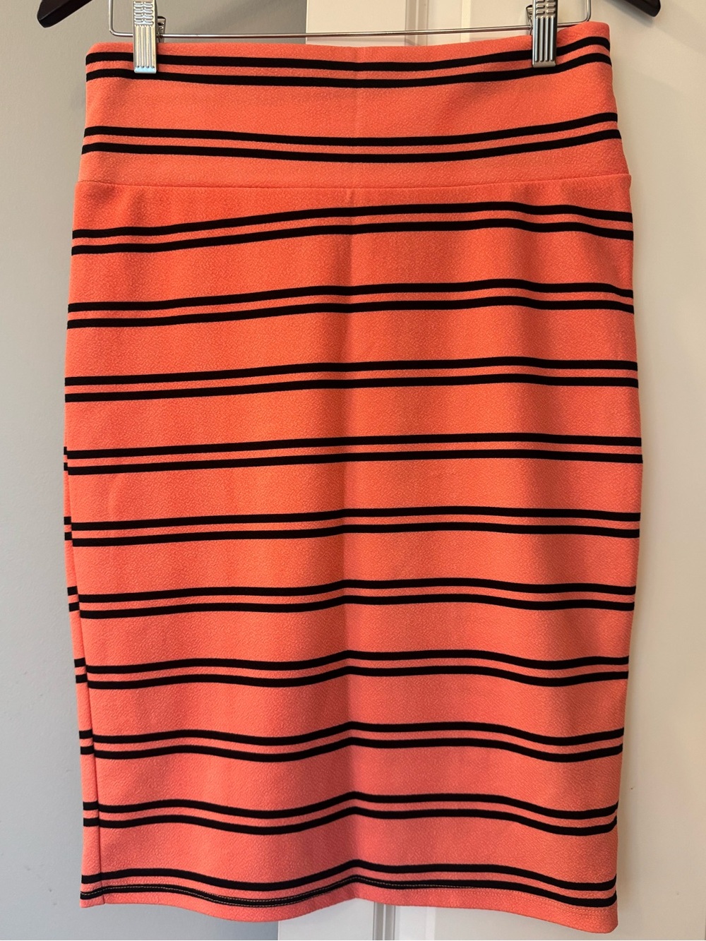 EUC LuLaRoe Bright Coral and Black Striped Cassie Pencil Skirt Size Medium